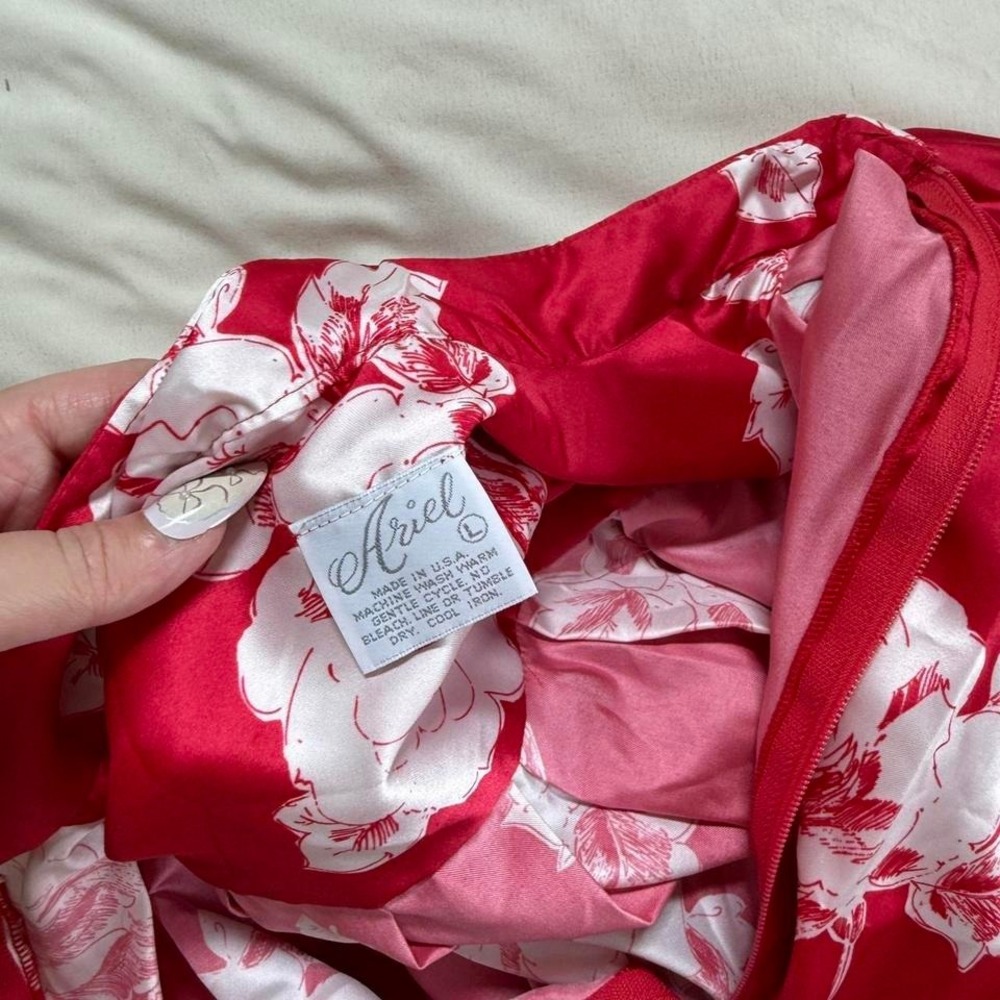 90s red floral satin robe ariel size large maxi‎ length kimono - Picture 3 of 5